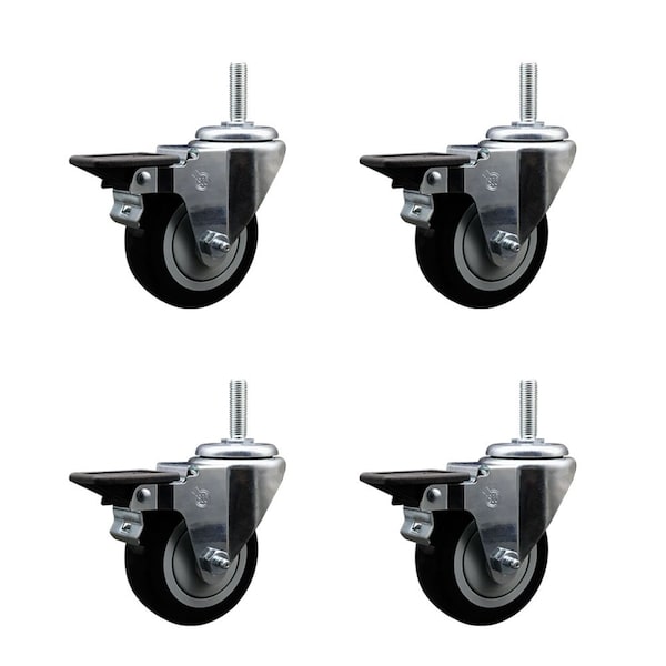 Service Caster 35 Inch Black Polyurethane Wheel Swivel 58 Inch Threaded Stem Caster Set with Brake SCC SCC-TS20S3514-PPUB-BLK-PLB-58212-4 - main